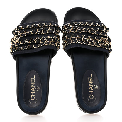 Chanel Satin Canvas Chain Slides Sandals Flats 38 Marine 2 of 12