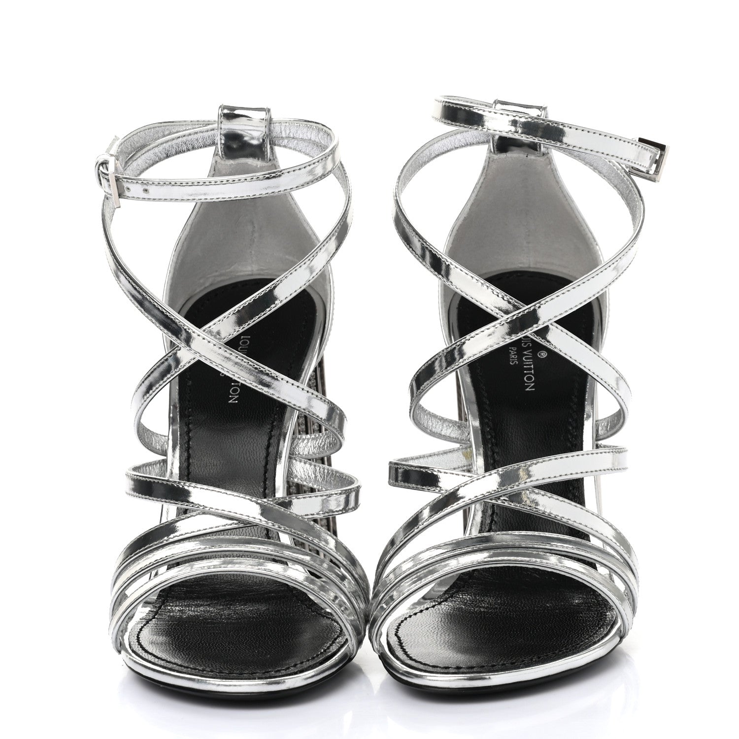 Louis Vuitton Metallic Patent Crystal Silhouette Criss Cross Sandals 35.5 Silver 2 of 7