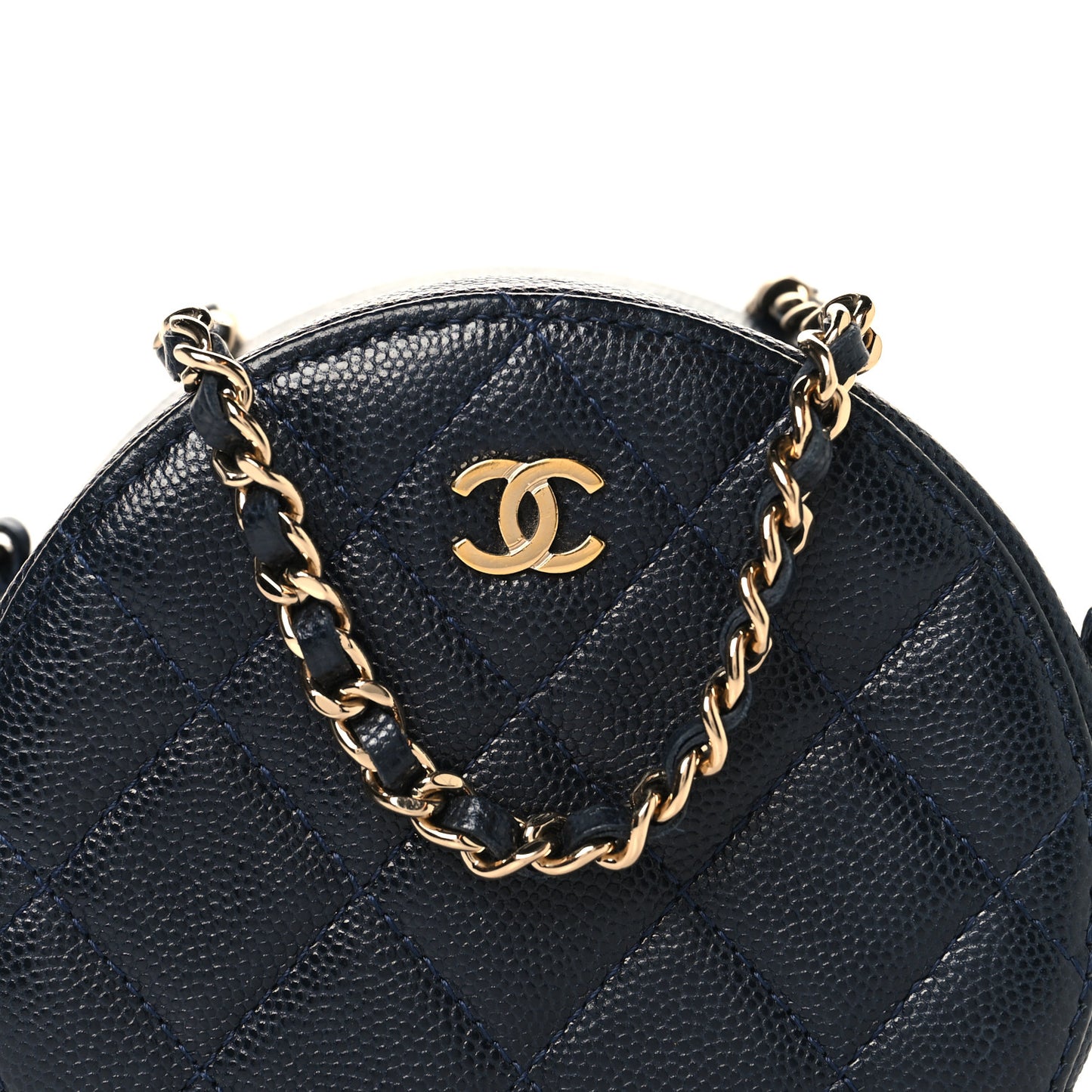 Caviar Quilted Round Clutch With Chain Navy