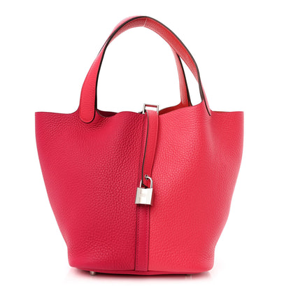 Hermes Taurillon Clemence Casaque Picotin Lock 22 MM Rose Extreme Rose Mexico Rouge De Coeur 1 of 11