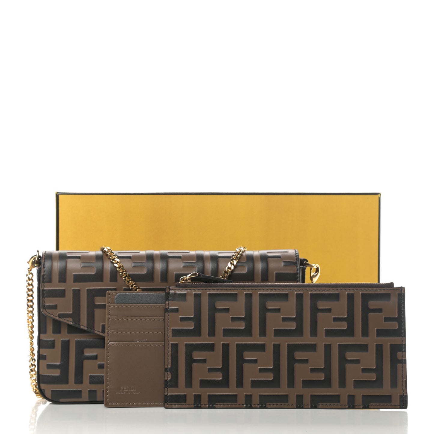 Vitello Soft F is Fendi Bi-Color FF 1974 Embossed Envelope Wallet On Chain with Pouches Maya Black