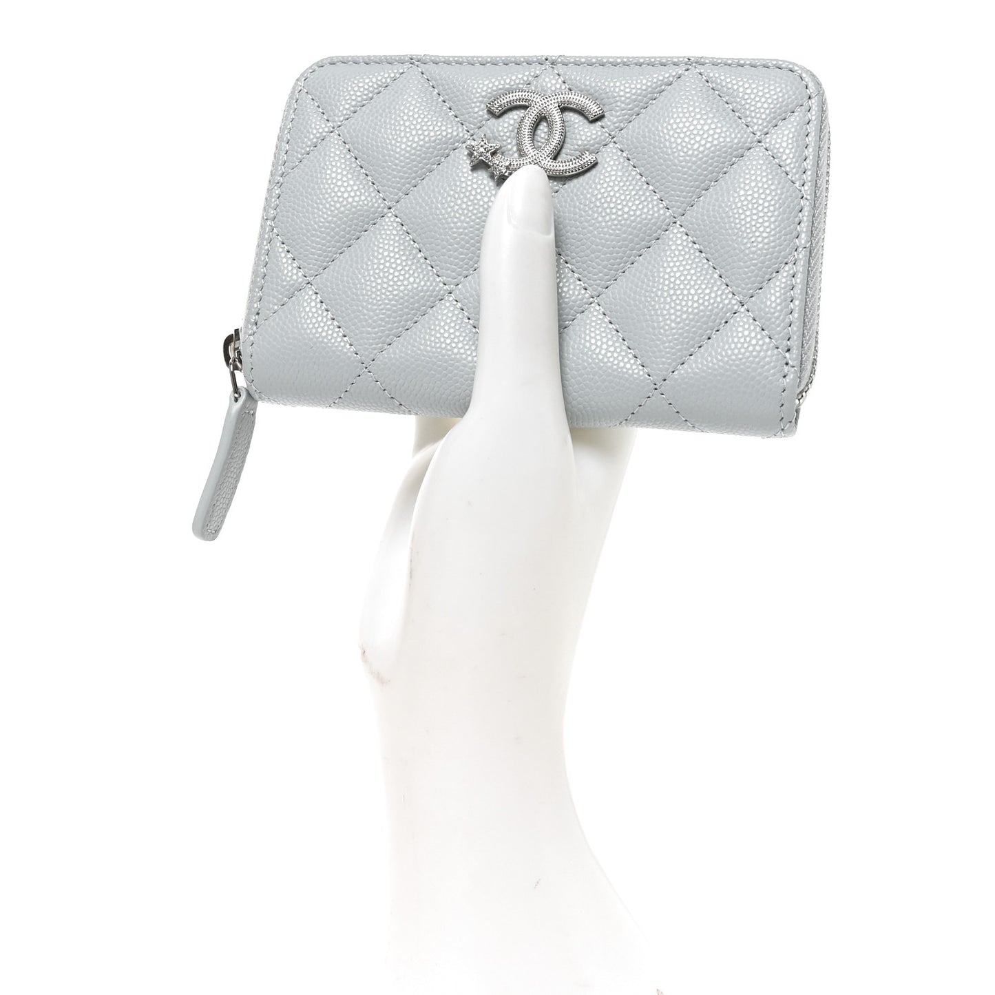Caviar Quilted Crystal Star Zip Coin Purse Light Blue