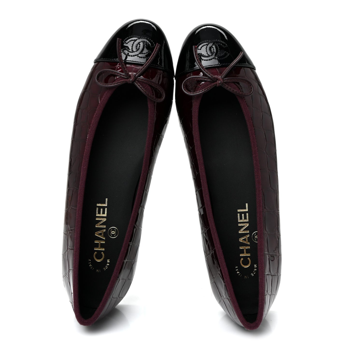 Patent Calfskin Crocodile Embossed Cap Toe CC Ballerina Flats 39.5 Dark Burgundy Black