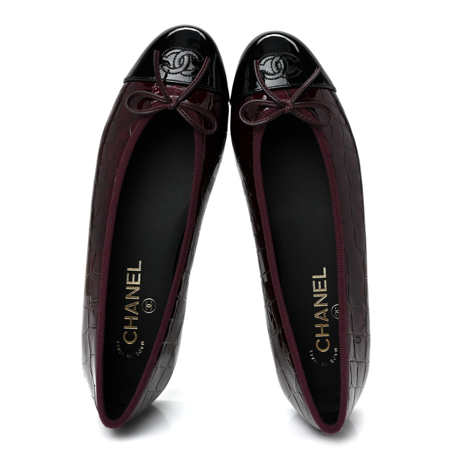 Chanel Patent Calfskin Crocodile Embossed Cap Toe CC Ballerina Flats 39.5 Dark Burgundy Black 5 of 8