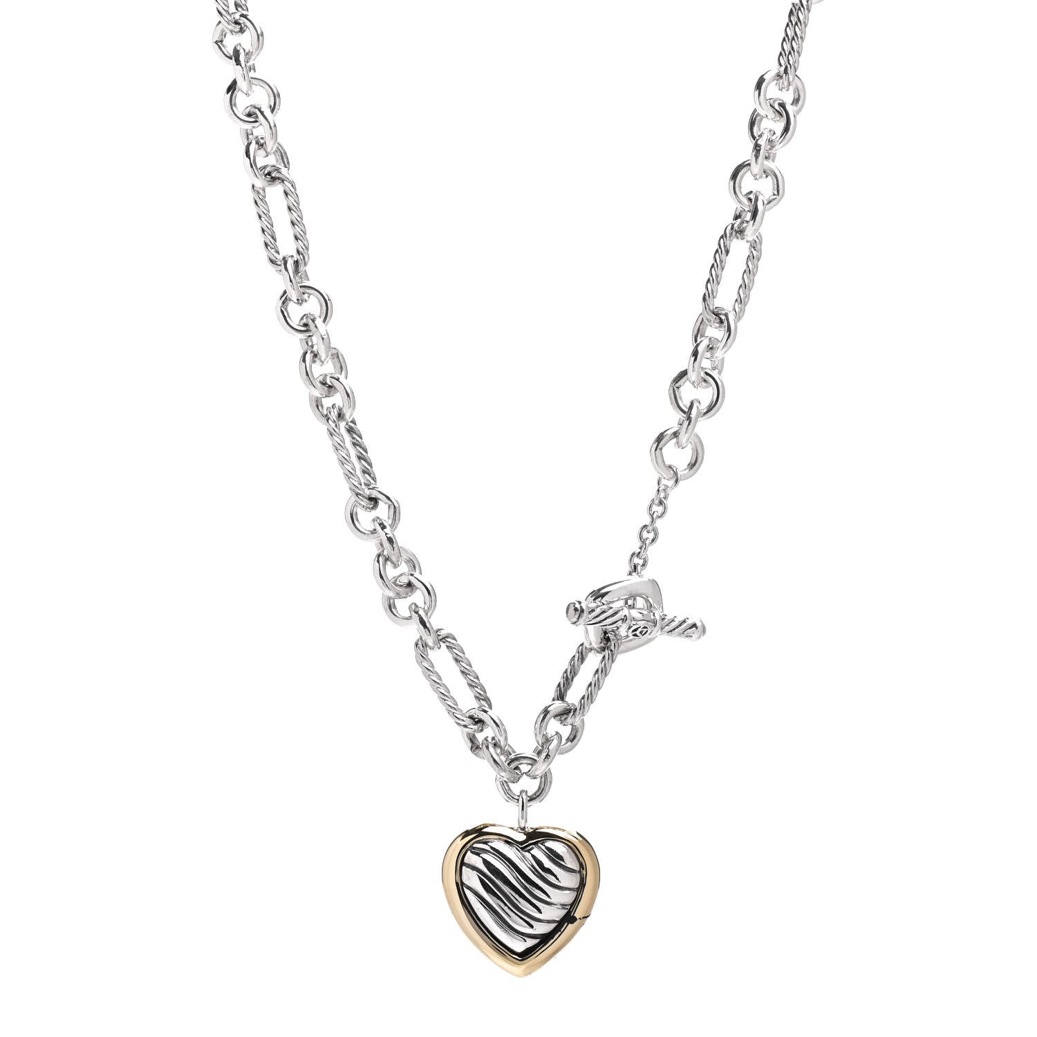 David Yurman Sterling Silver 18K Yellow Gold Cable Heart Figaro Necklace 1 of 4
