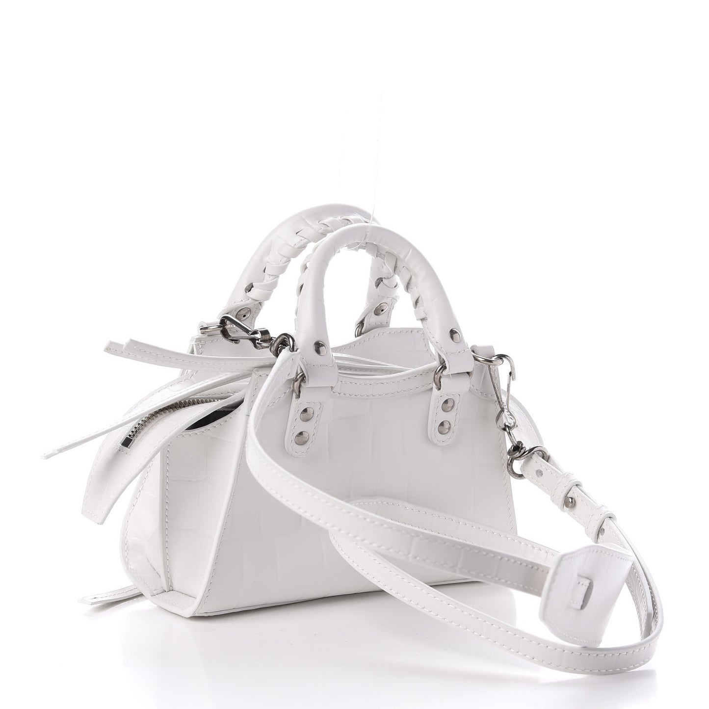 Semi Shiny Calfskin Crocodile Embossed Neo Classic Silver Hardware Nano City Crossbody White