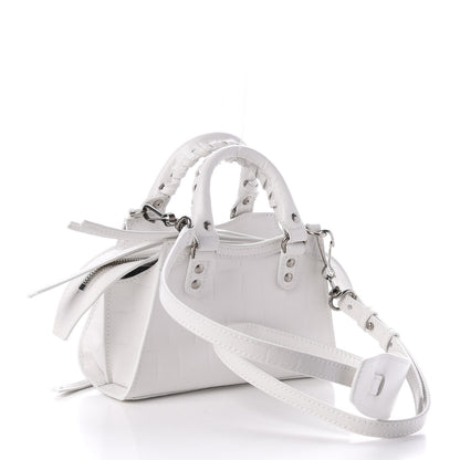 Balenciaga Semi Shiny Calfskin Crocodile Embossed Neo Classic Silver Hardware Nano City Crossbody White 3 of 9