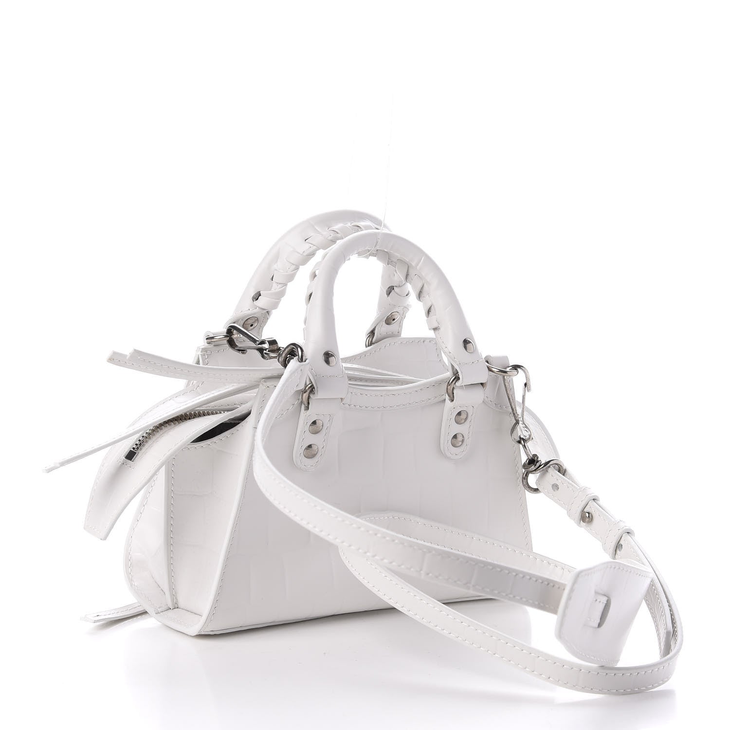Balenciaga Semi Shiny Calfskin Crocodile Embossed Neo Classic Silver Hardware Nano City Crossbody White 3 of 9