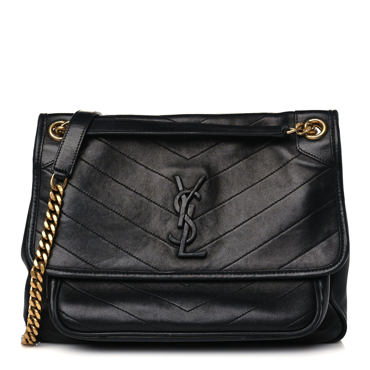 Lambskin Matelasse Monogram Medium Niki Chain Satchel Black