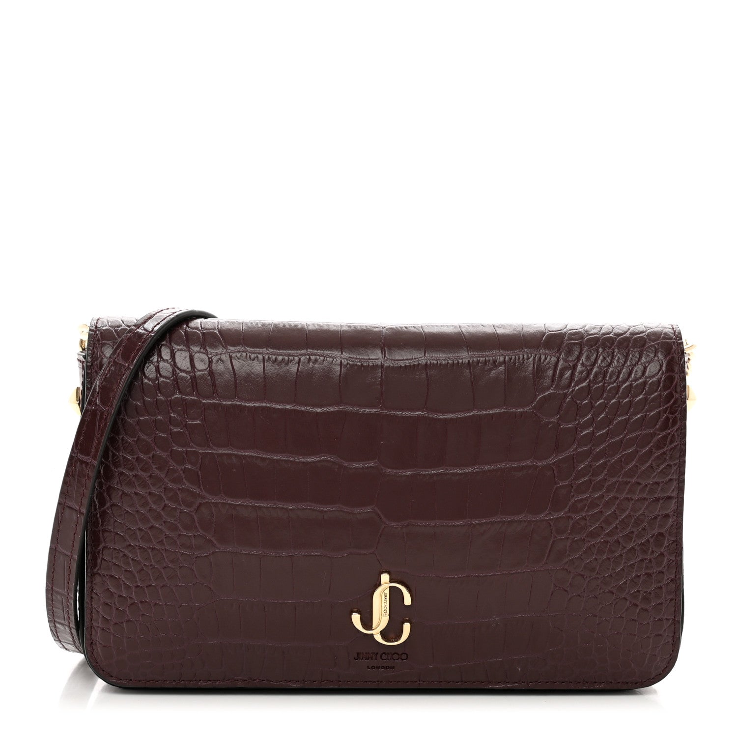 Jimmy Choo Calfskin Crocodile Embossed Palace Wallet On Chain Bordeaux 1 of 11