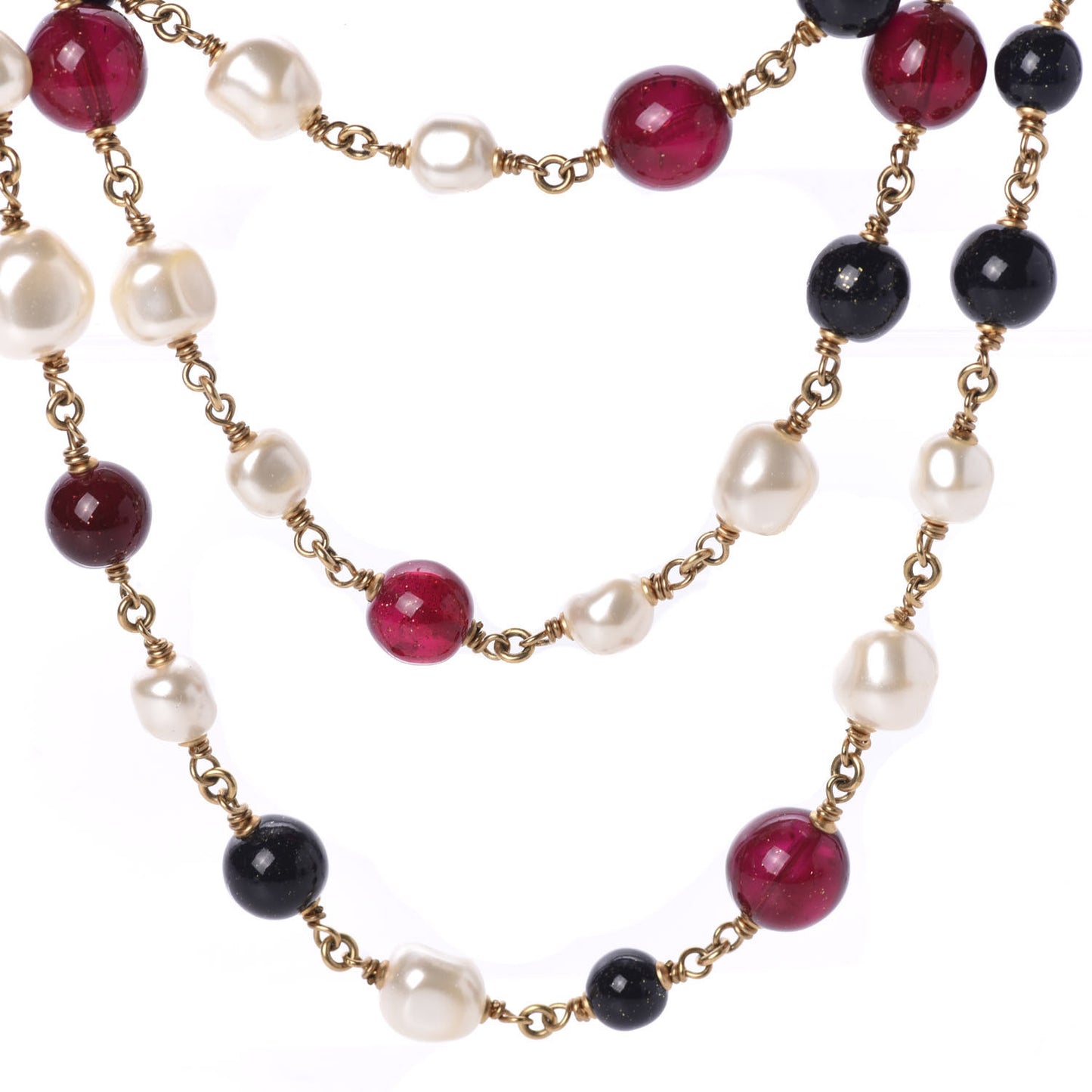 Pearl Bead CC Medallion Long Necklace Gold Red