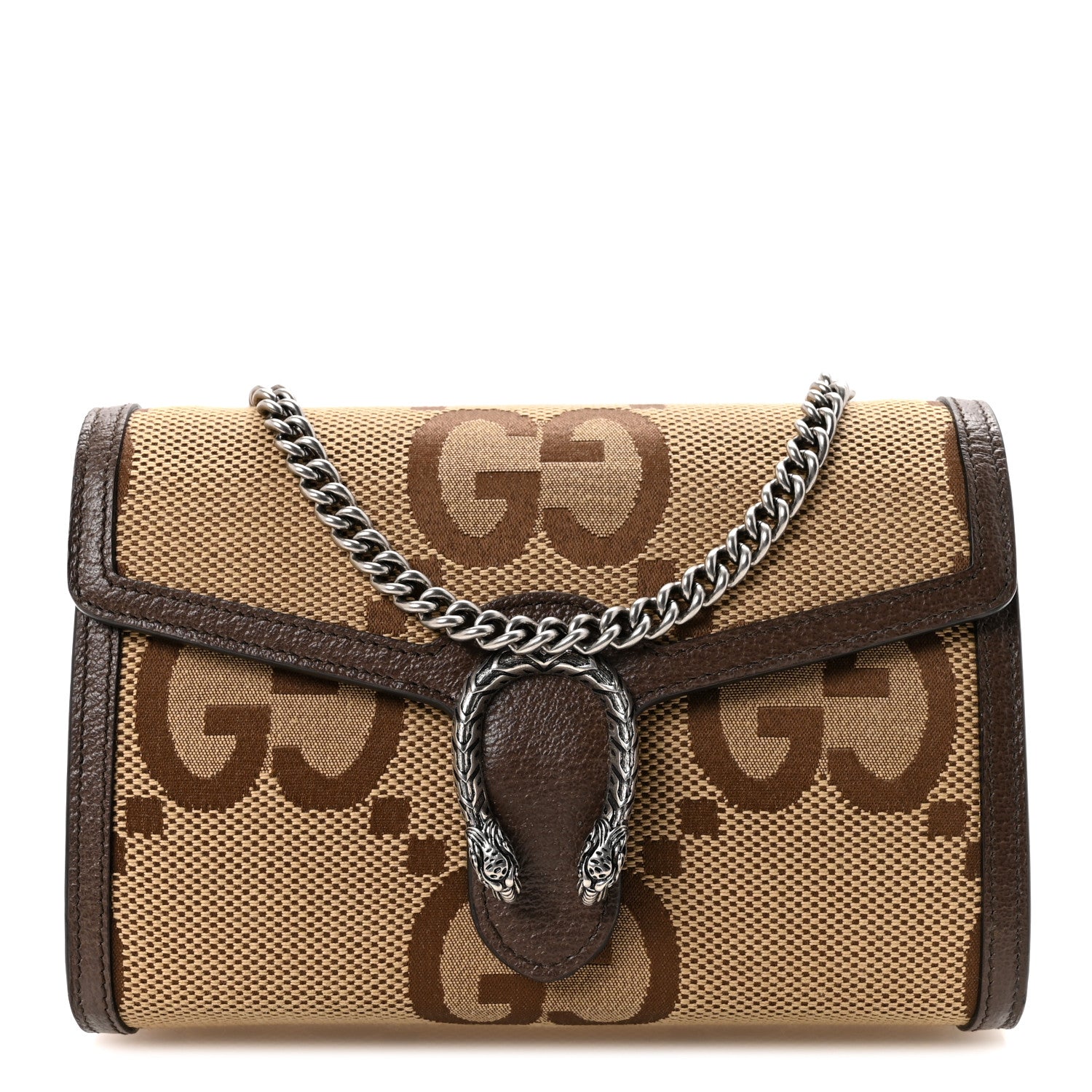 Gucci Monogram Jumbo GG Textured Dollar Calfskin Mini Dionysus Chain Wallet Camel Ebony New Acero 1 of 11