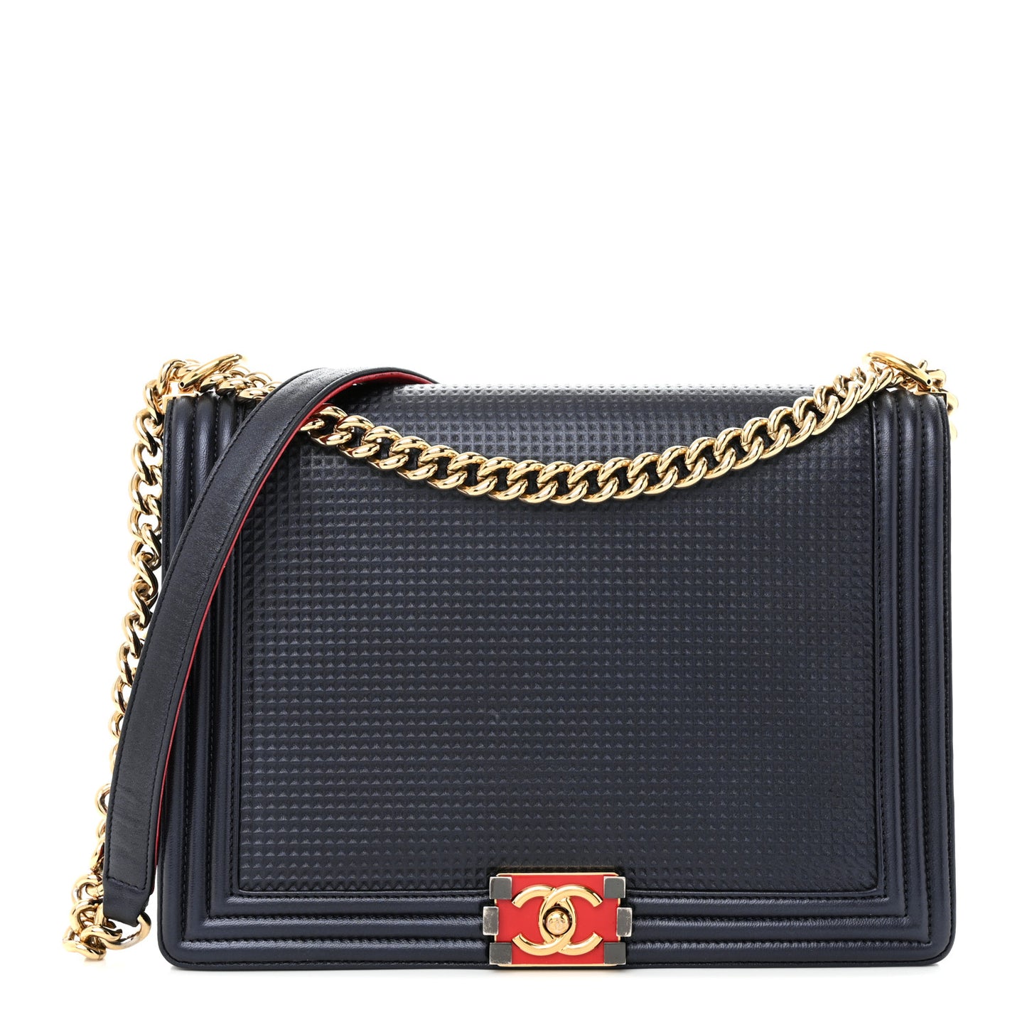 Lambskin Embossed Large Boy Cube Flap Navy Blue