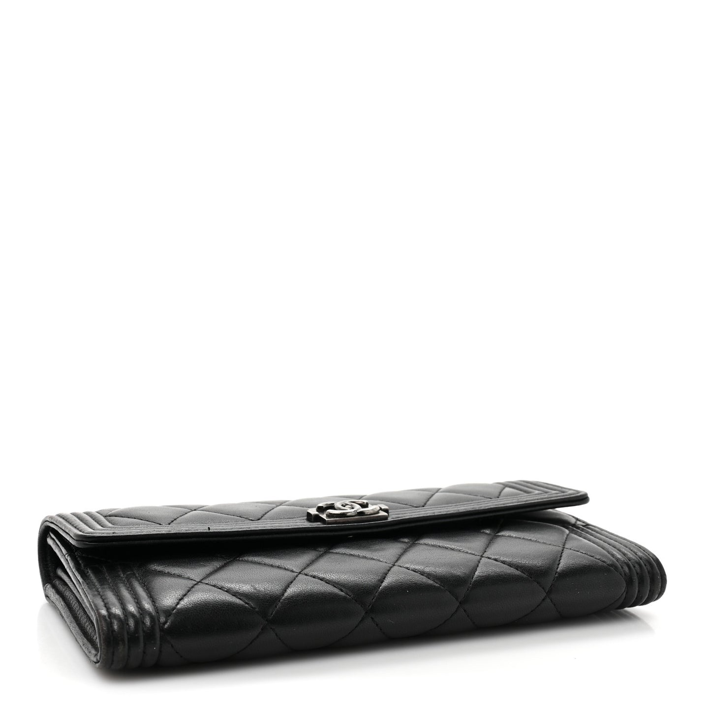 Lambskin Quilted Large Boy Gusset Flap Wallet Black