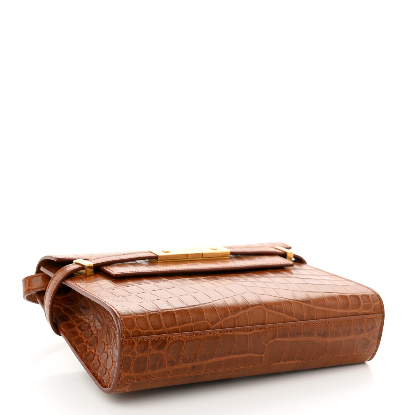 Shiny Calfskin Crocodile Embossed Small Manhattan Baguette Dark Caramel