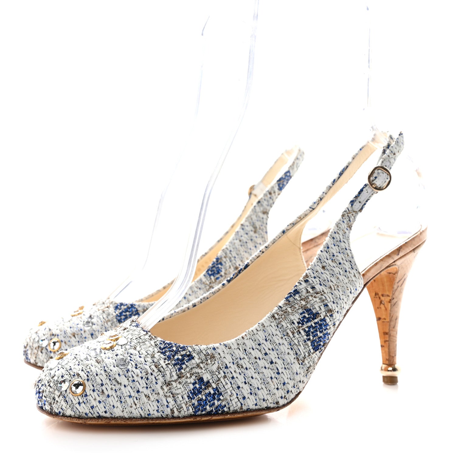 Chanel Tweed Crystal Cork CC Slingback Pumps 40 White Blue 3 of 9