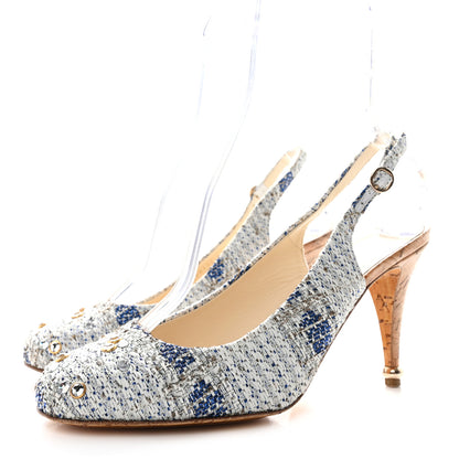Chanel Tweed Crystal Cork CC Slingback Pumps 40 White Blue 3 of 9