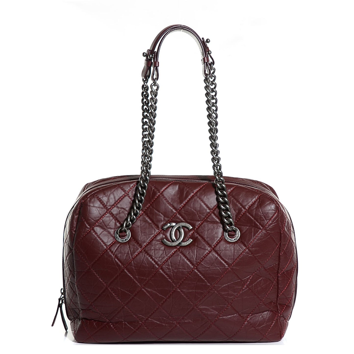 Aged Calfskin Quilted Large Secret Tag Bowling Bag Burgundy