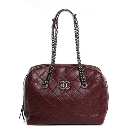 Chanel Aged Calfskin Quilted Large Secret Tag Bowling Bag Burgundy 1 of 8
