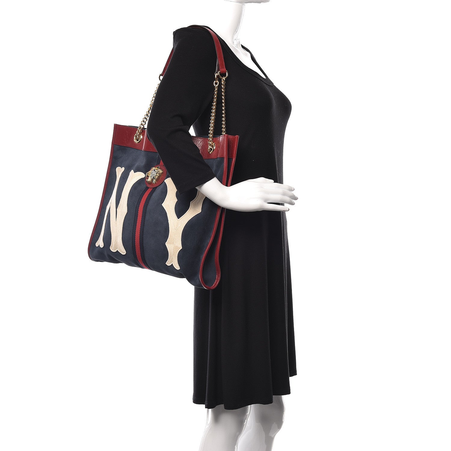 Gucci X MLB Suede Calfskin NY Yankees Large Rajah Chain Tote New Blue Romantic Cherry 2 of 13