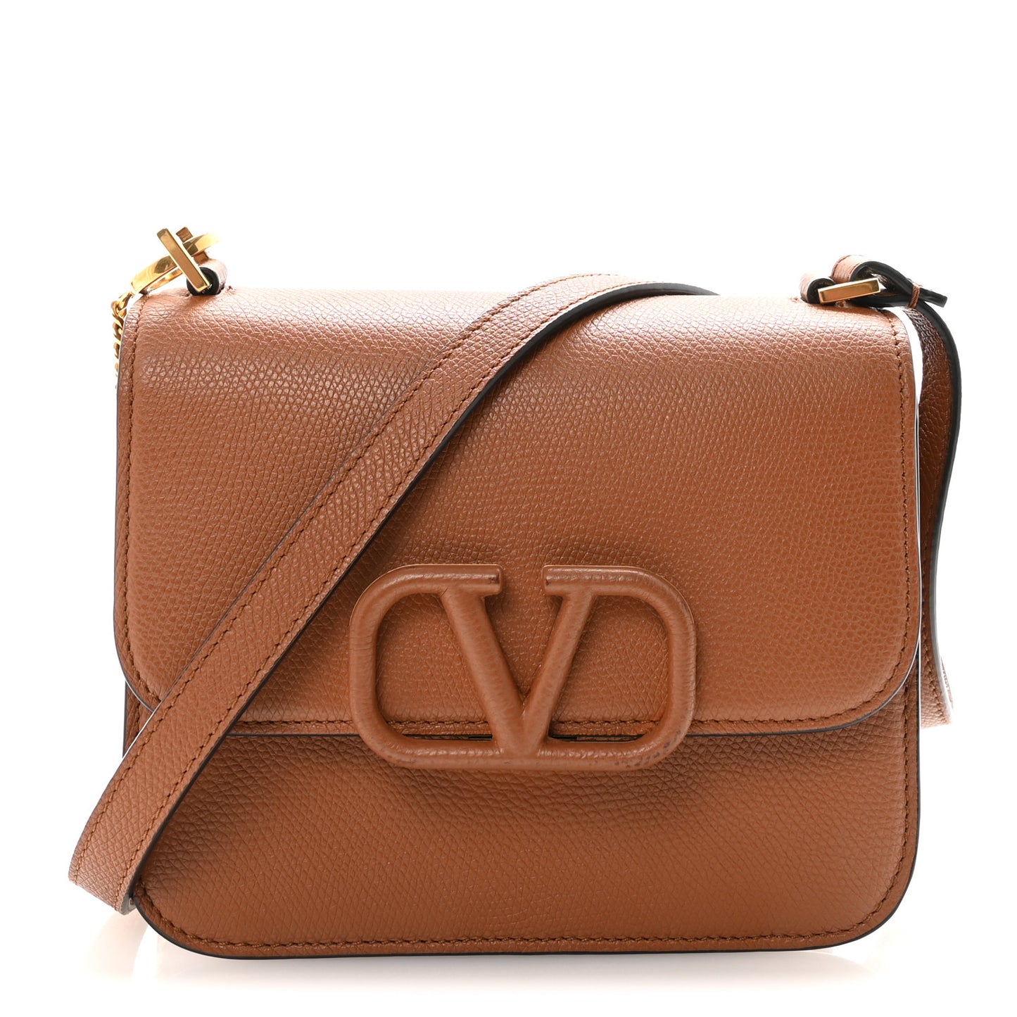 Grainy Calfskin Small VSling Shoulder Bag Saddle Brown