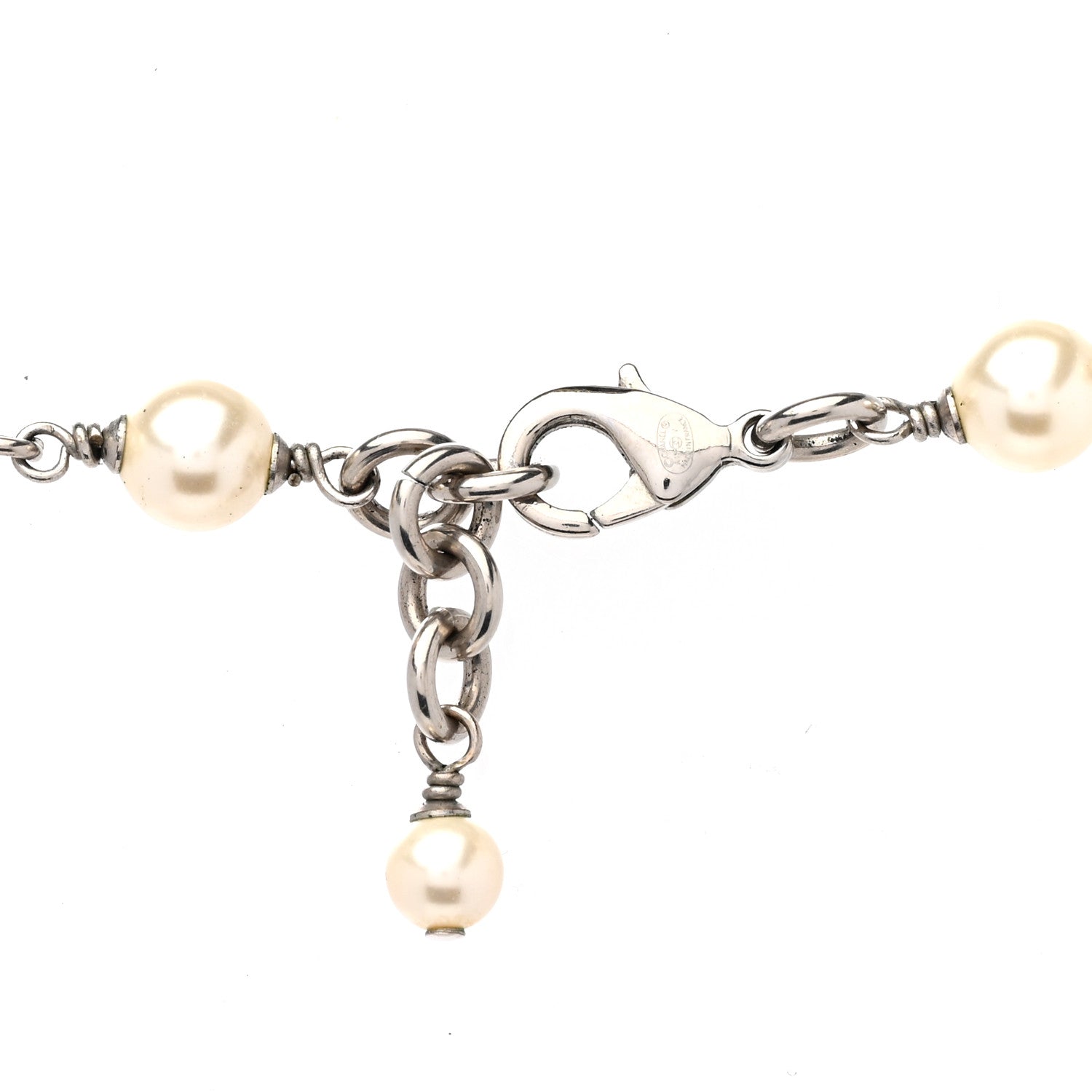 Chanel Graduated Pearl Crystal CC Long Necklace Silver 5 of 5
