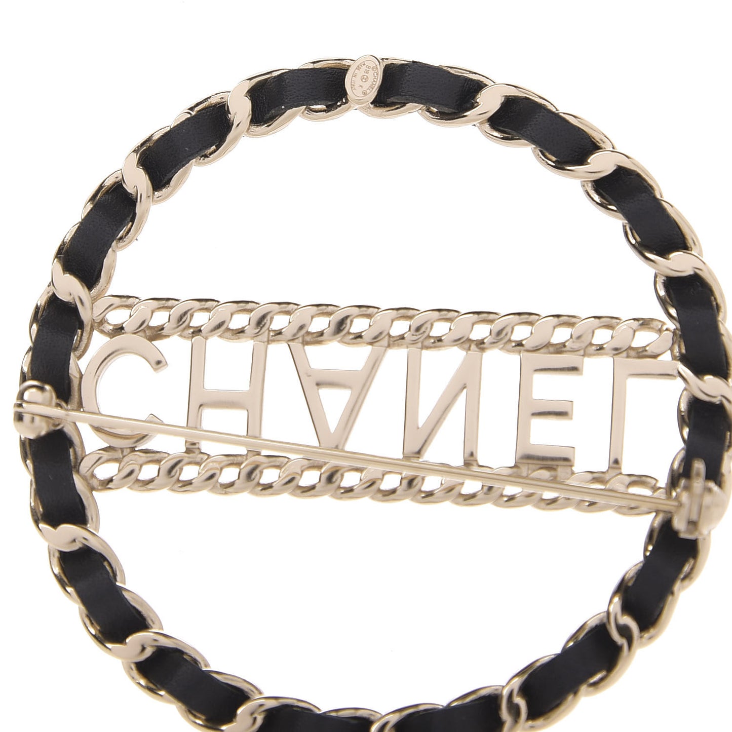 Lambskin Chain Logo Brooch Black Gold