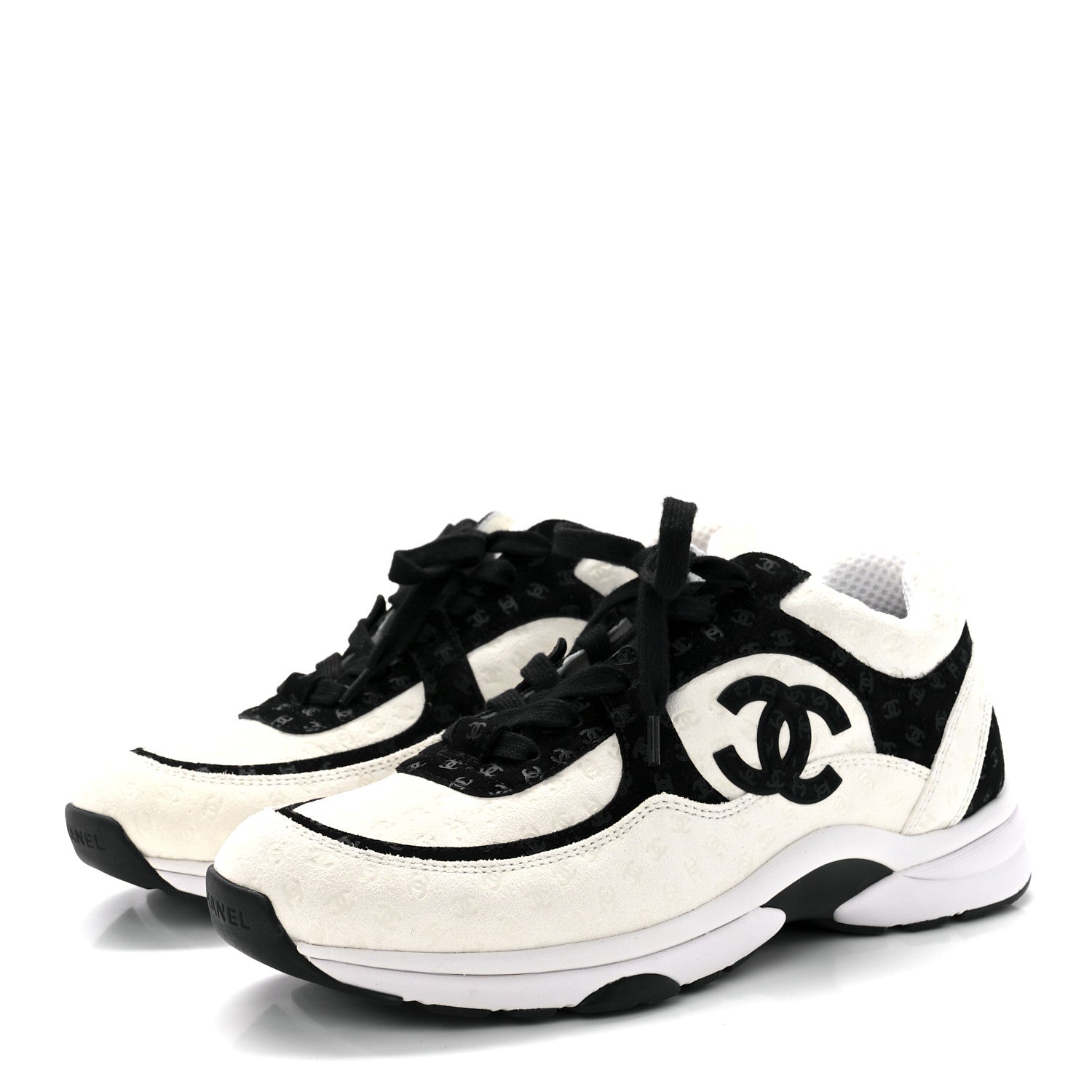 Chanel Suede Calfskin Printed CC Sneakers 43 White Black 3 of 8