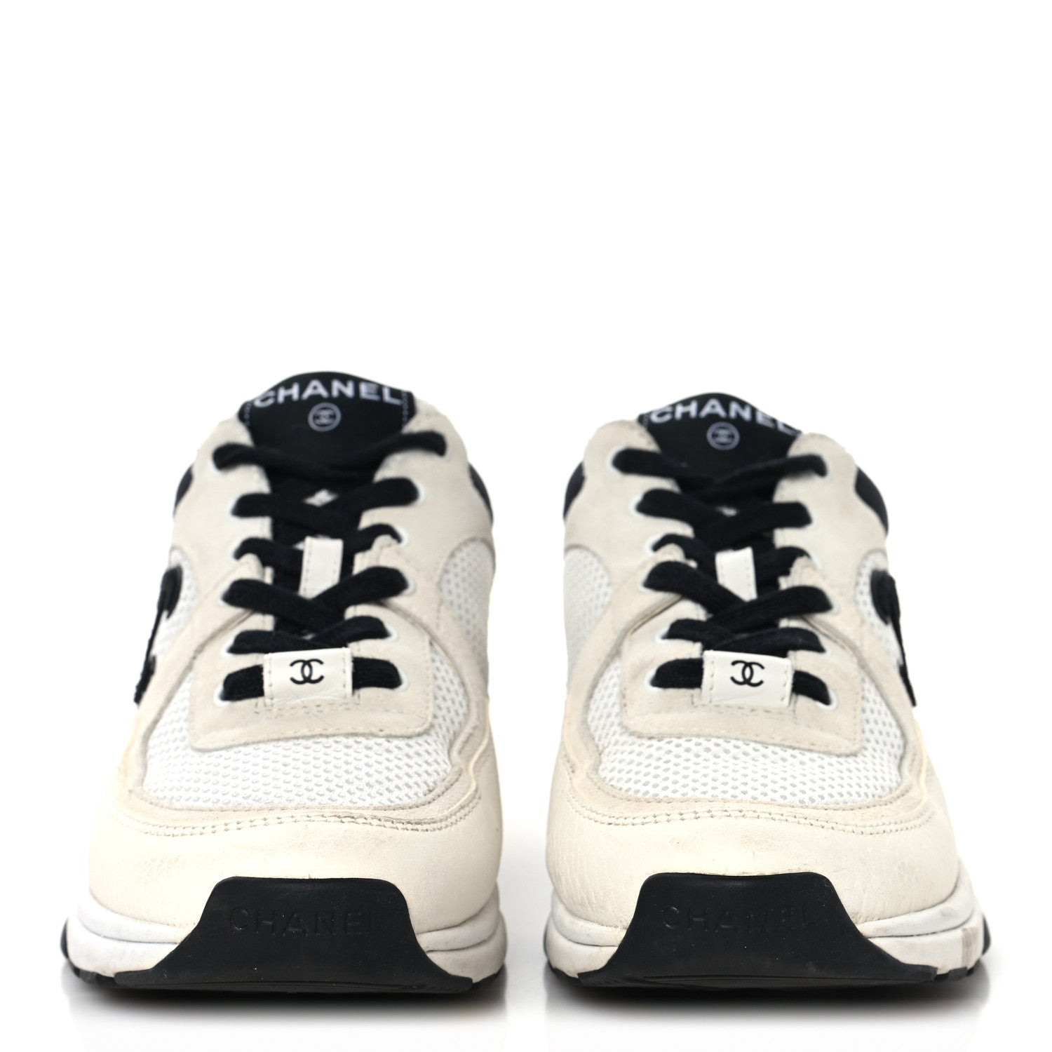Chanel Mesh Suede Calfskin Grained Calfskin Womens CC Sneakers 37.5 White Black 3 of 8