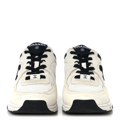 Chanel Mesh Suede Calfskin Grained Calfskin Womens CC Sneakers 37.5 White Black 3 of 8