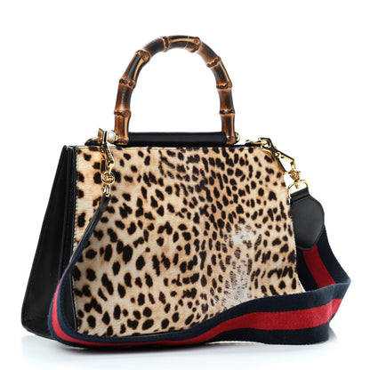 Gucci Calf Hair Bamboo Web Leopard Print Small Nymphaea Top Handle Bag Black 3 of 12