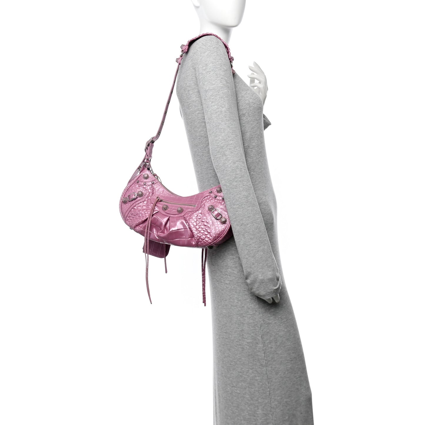 Metallic Extra Supple Calfskin Crystal Crocodile Embossed Small Le Cagole Shoulder Bag Pink
