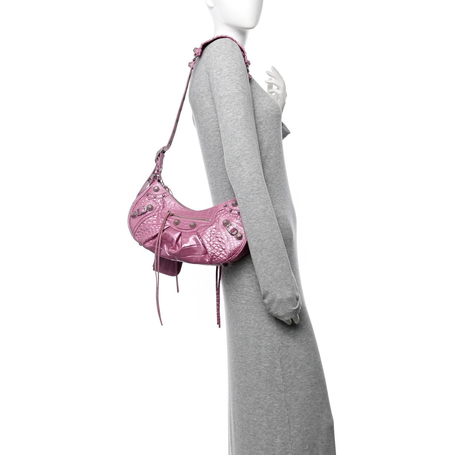 Balenciaga Metallic Extra Supple Calfskin Crystal Crocodile Embossed Small Le Cagole Shoulder Bag Pink 2 of 11