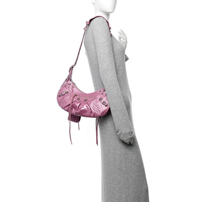 Balenciaga Metallic Extra Supple Calfskin Crystal Crocodile Embossed Small Le Cagole Shoulder Bag Pink 2 of 11