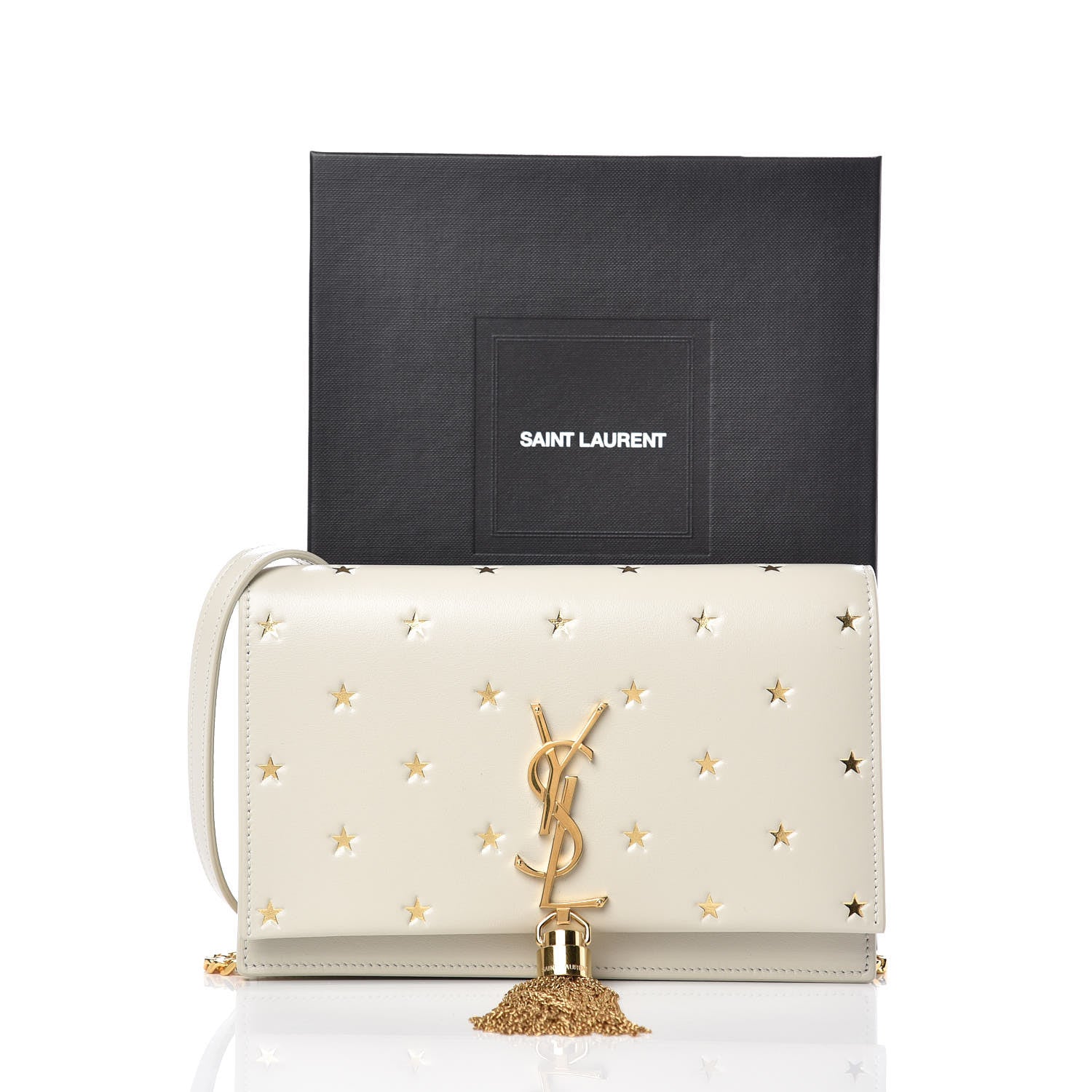 Saint Laurent Calfskin Star Print Monogram Kate Tassel Chain Wallet White Gold 7 of 7
