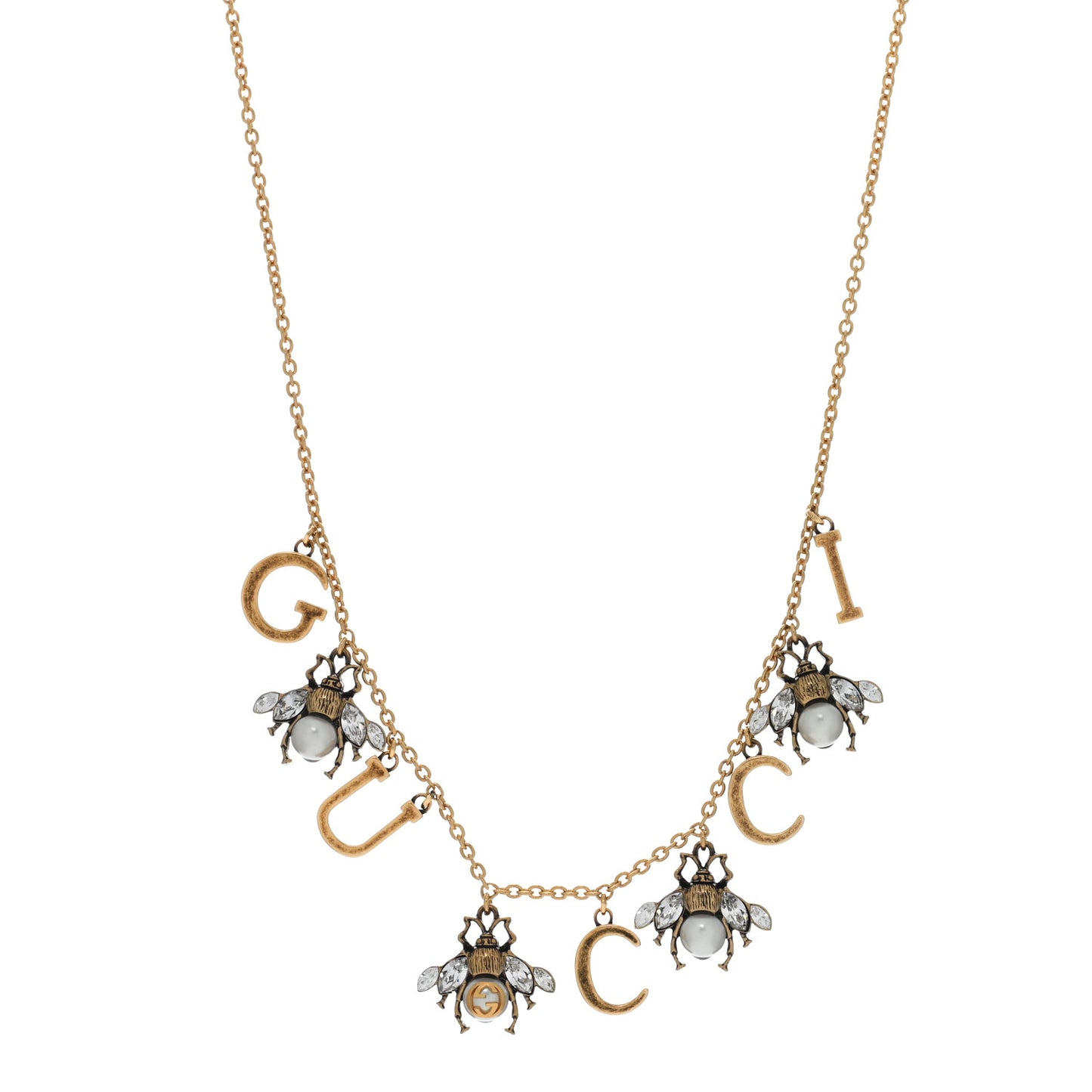Metal Crystal Pearl Interlocking G Bee Charm Necklace Gold