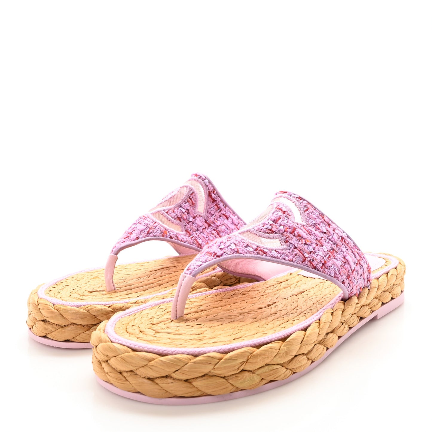Tweed Mesh Satin CC Thong Sandals 38.5 Light Purple Pink Red
