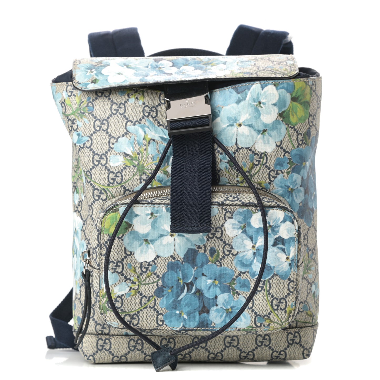 GG Supreme Monogram Blooms Small Single Buckle Backpack Beige Blue Navy