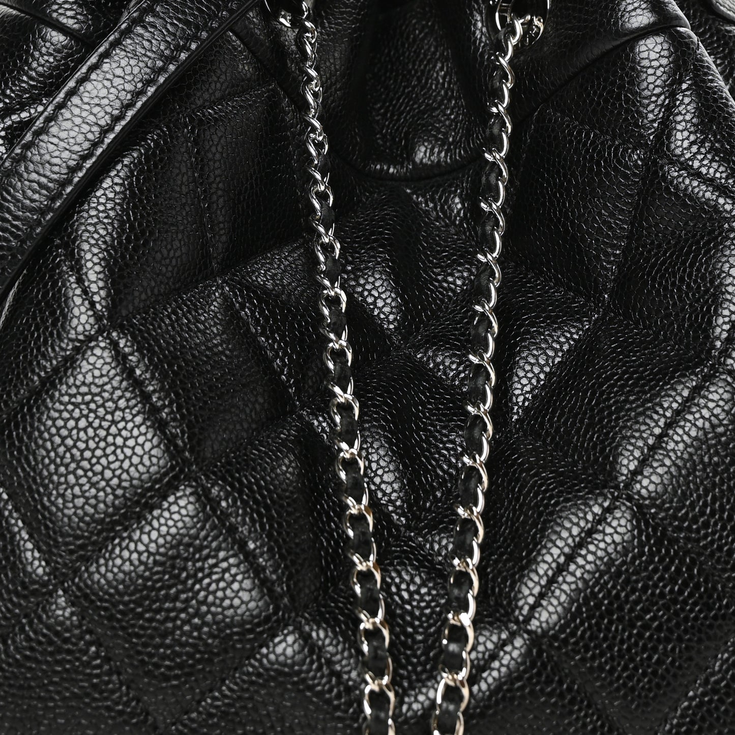 Caviar Flat Quilted CC Chain Bucket Drawstring Bag Black