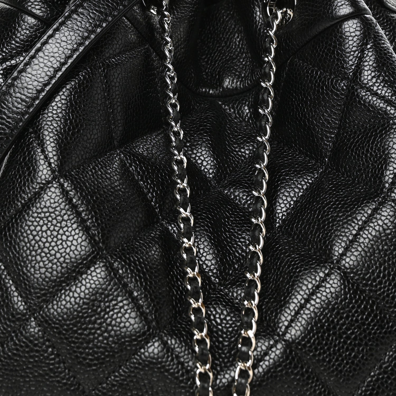 Chanel Caviar Flat Quilted CC Chain Bucket Drawstring Bag Black 8 of 12