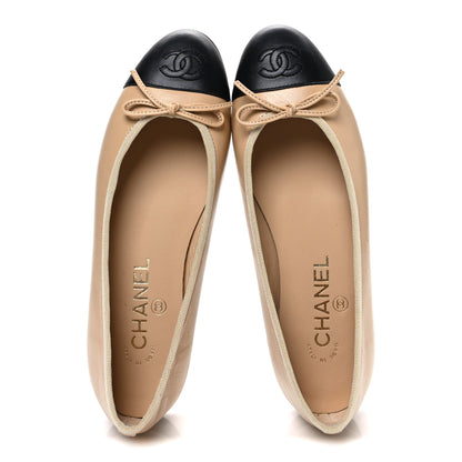 Chanel Lambskin Cap Toe CC Ballerina Flats 37 Beige Black 2 of 12