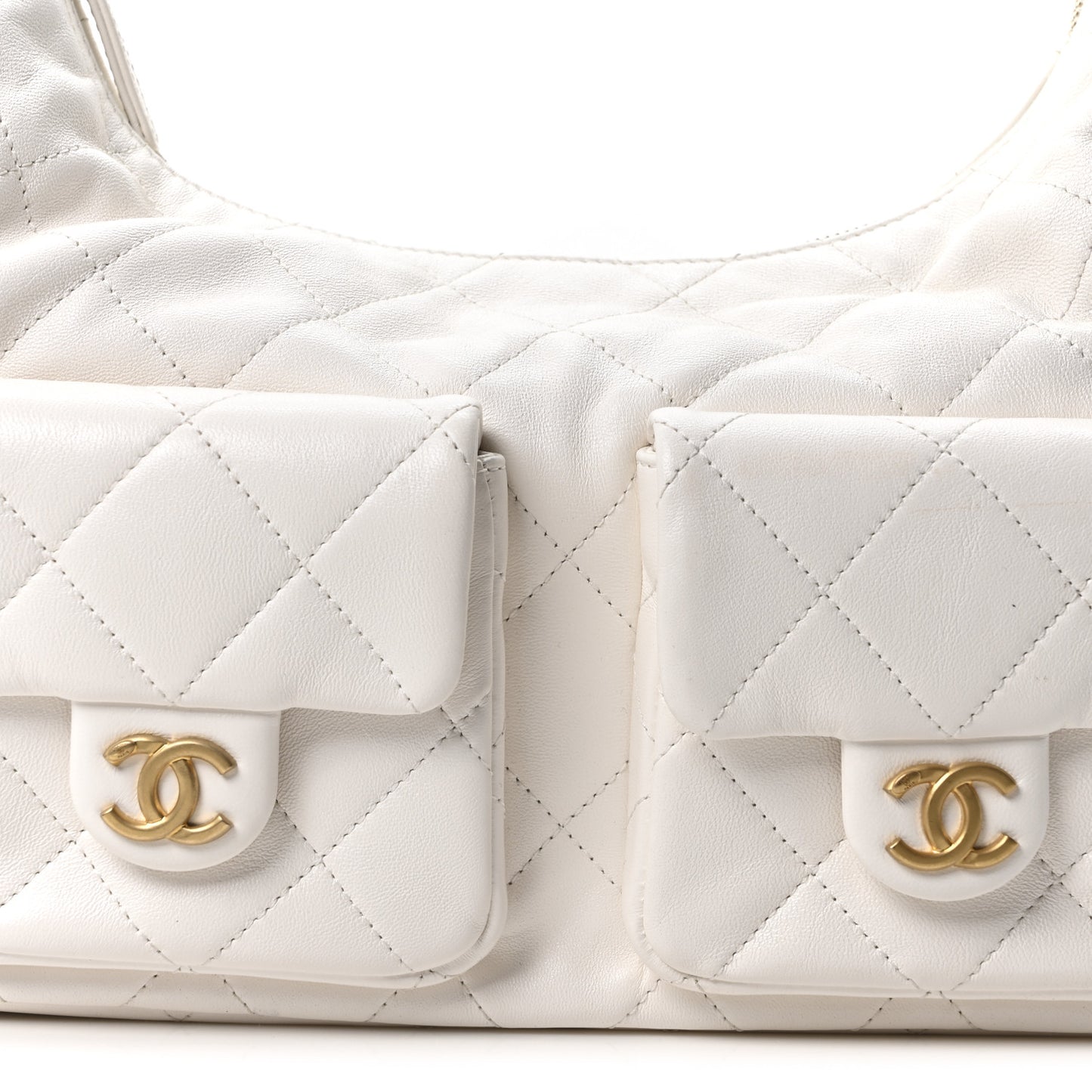 Shiny Lambskin Quilted Trendy Pockets Hobo White