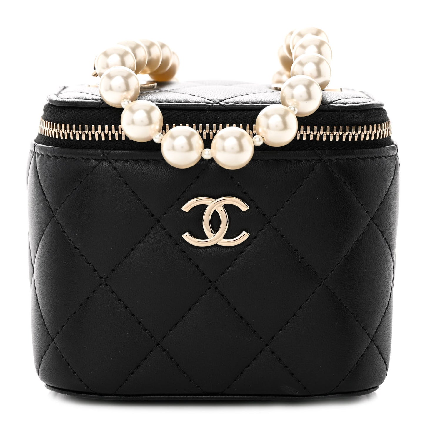 Lambskin Quilted Mini Vanity Case With Pearl Chain Black