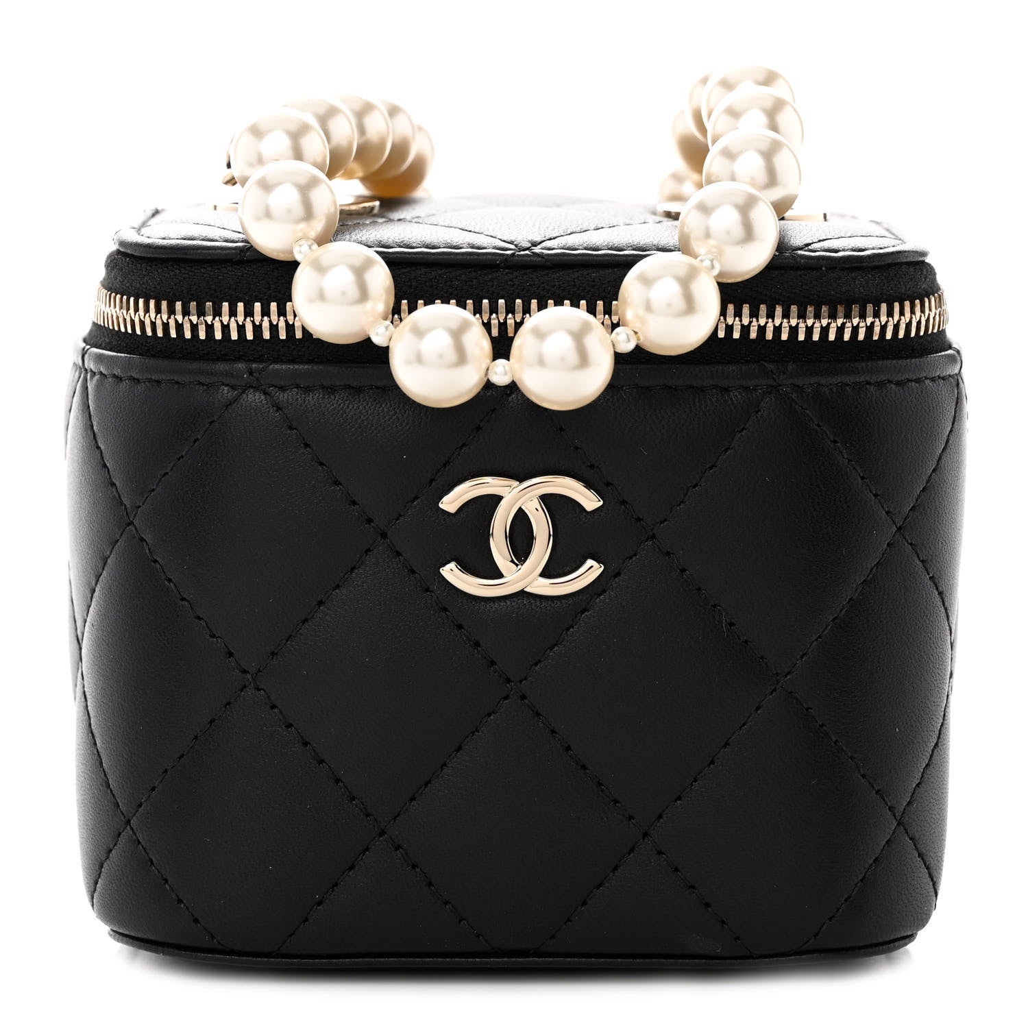 Chanel Lambskin Quilted Mini Vanity Case With Pearl Chain Black 1 of 11