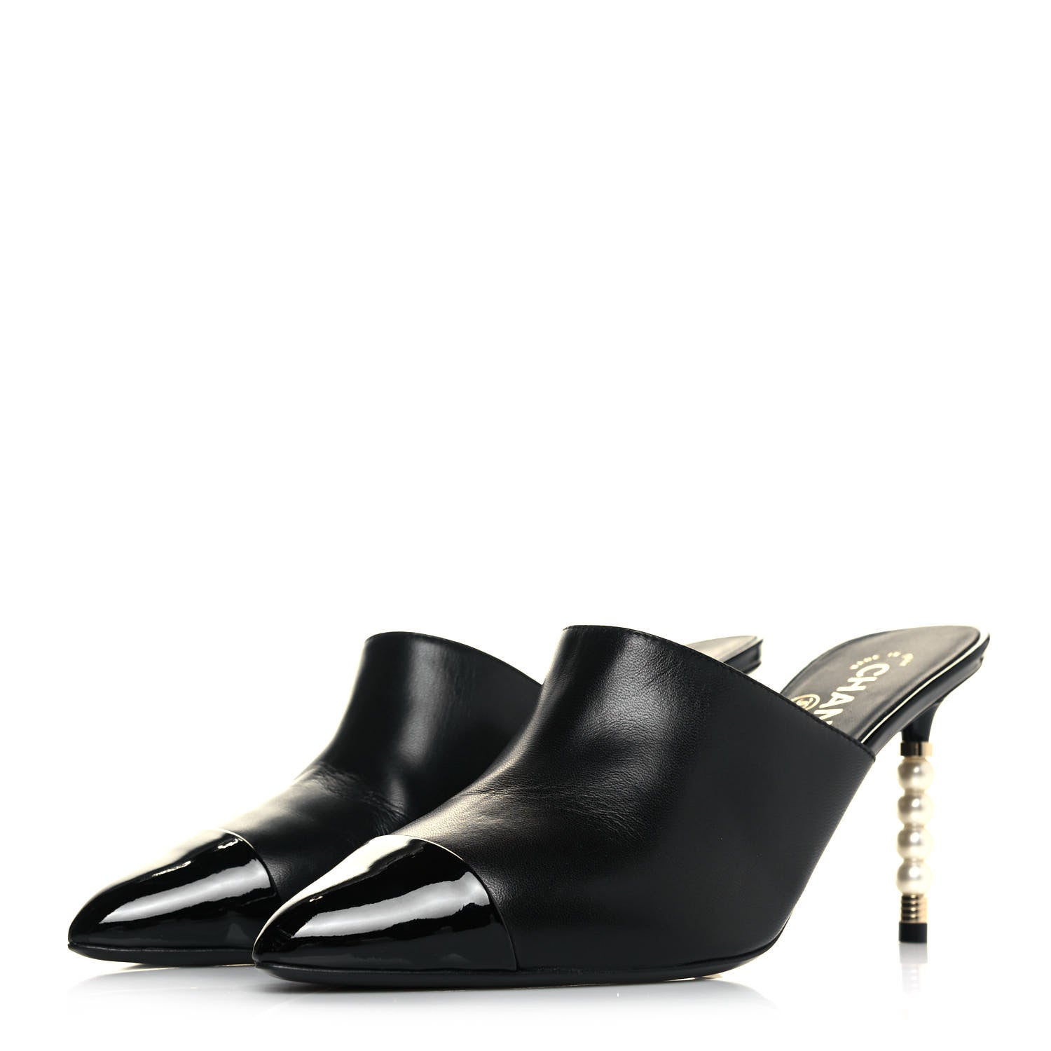 Chanel Lambskin Patent Cap Toe Pearl Mules 39.5 Black 3 of 10