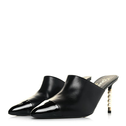 Chanel Lambskin Patent Cap Toe Pearl Mules 39.5 Black 3 of 10