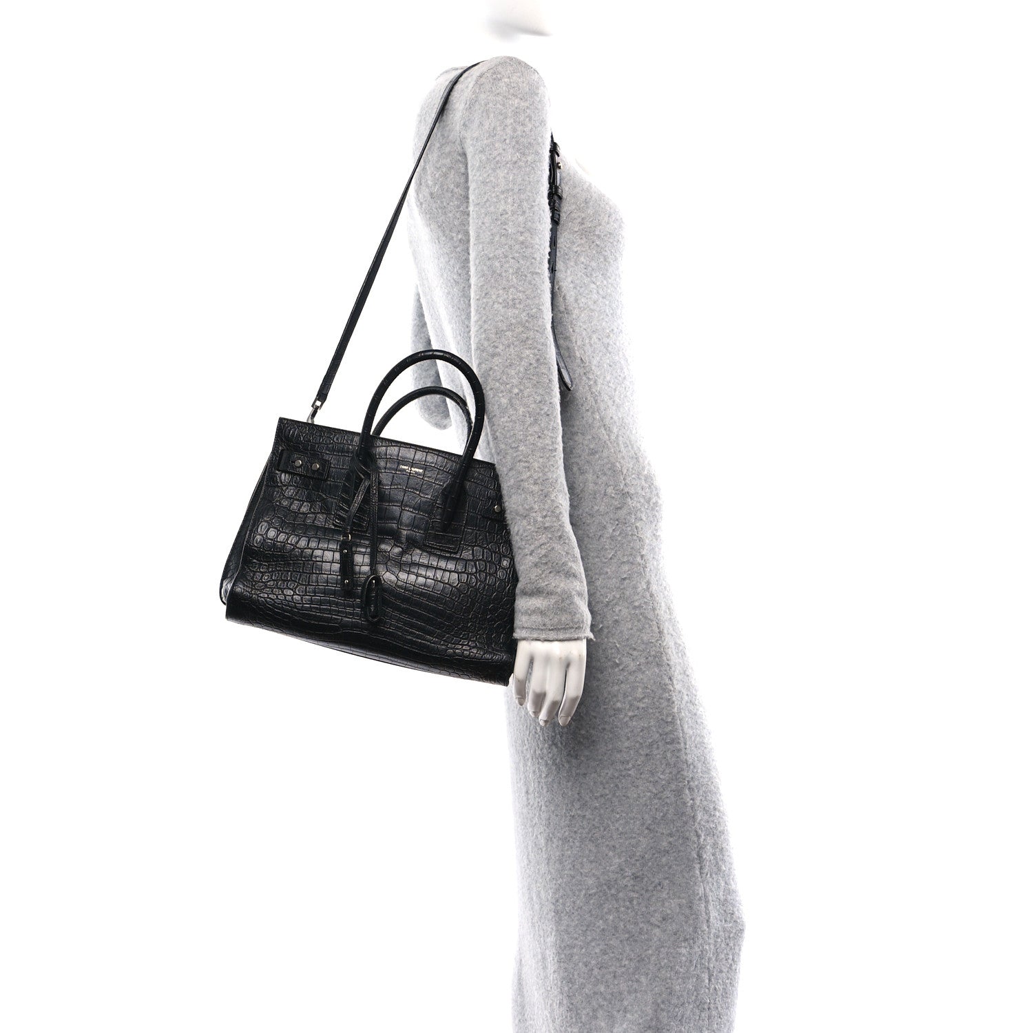 Saint Laurent Calfskin Crocodile Embossed Small Sac de Jour Black 2 of 20