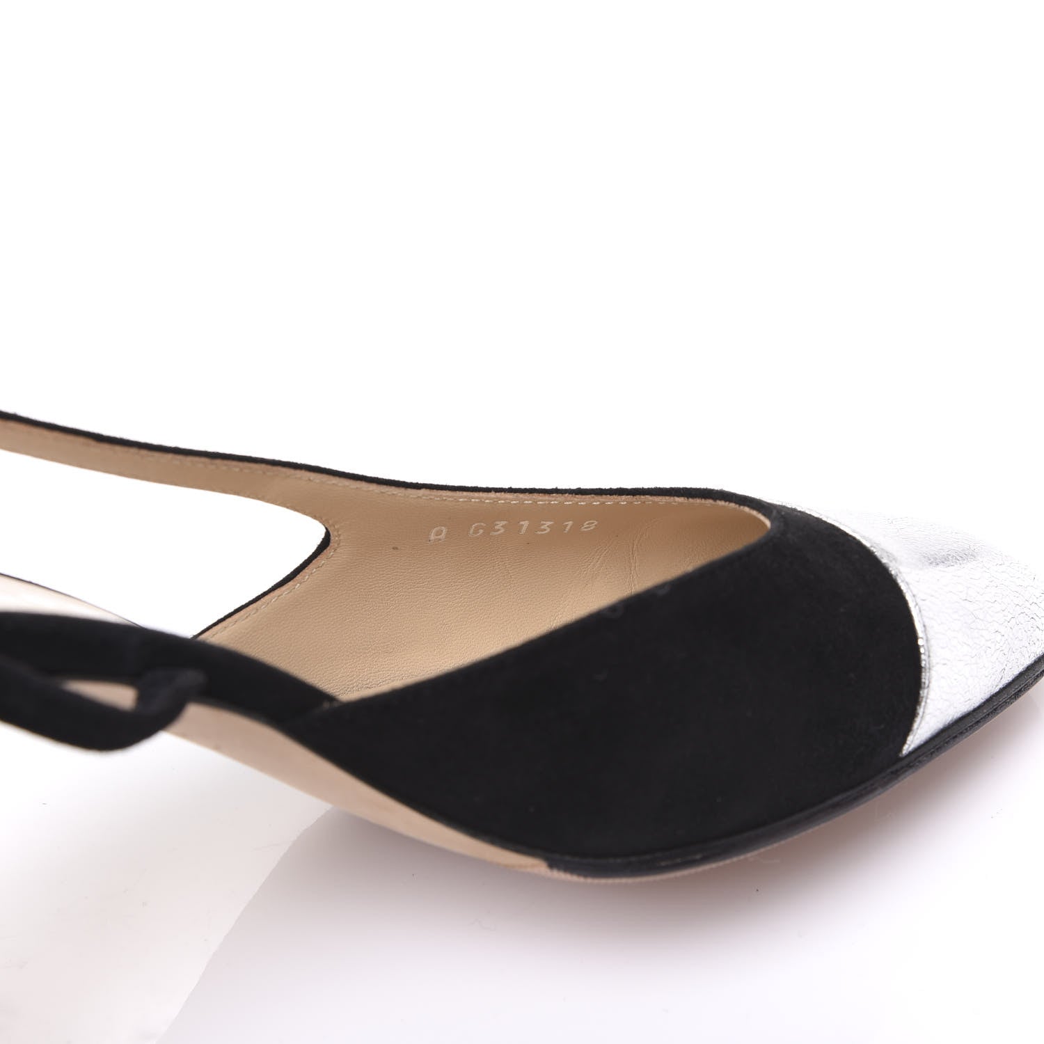 Chanel Kid Suede Metallic Lambskin Cap Toe CC Slingback Pumps 37 Black Silver Gold 8 of 9