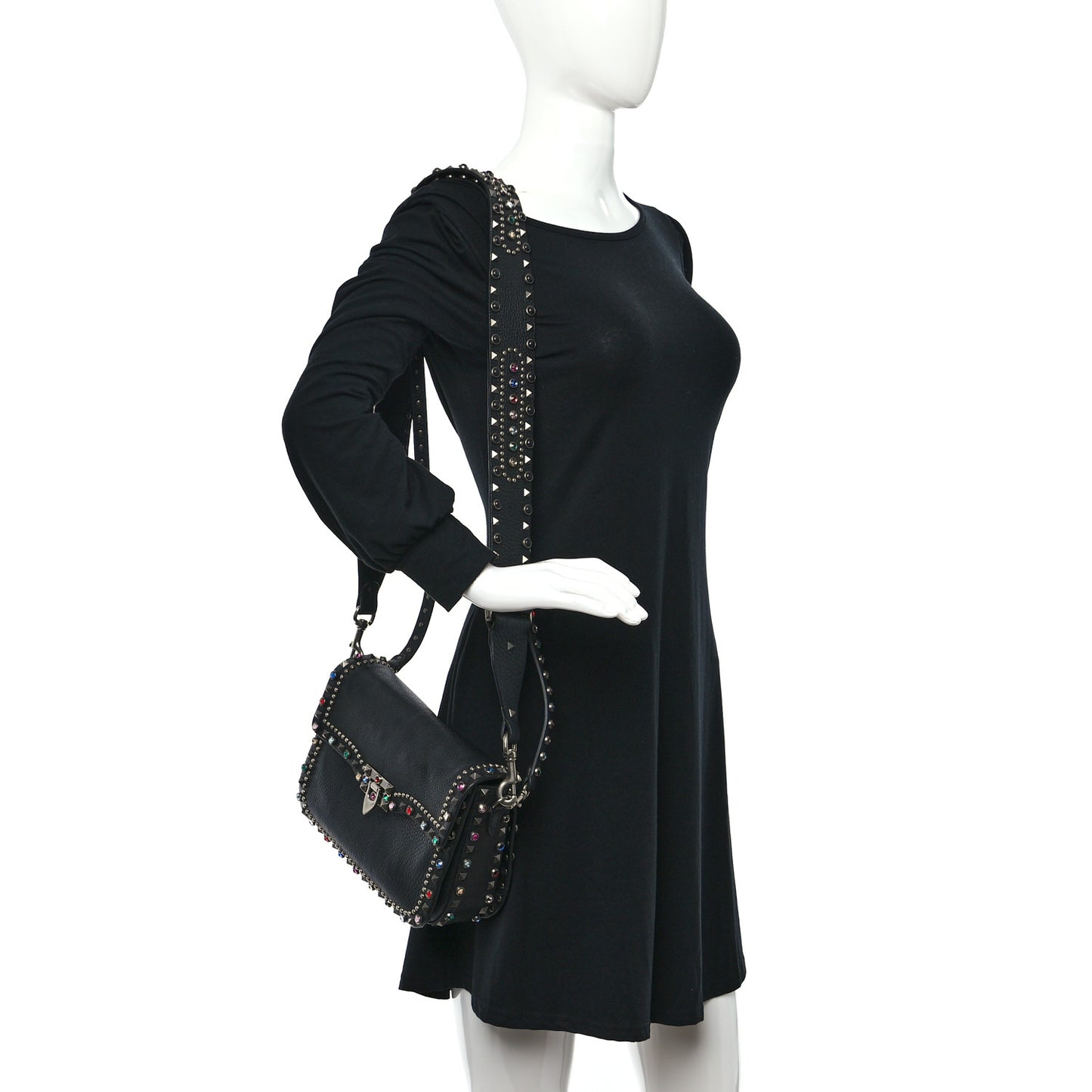 Pebbled Calfskin Medium Guitar Strap Rockstud Rolling Flap Saddle Bag Black