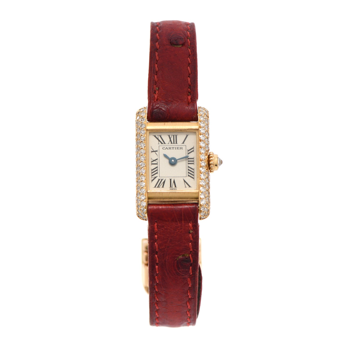 18K Yellow Gold Ostrich Diamond19mm Tank Quartz Watch Red